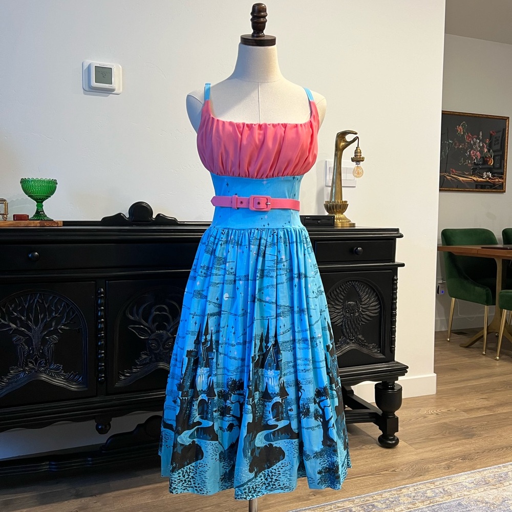 Pinup Couture Holly Swing Dress in Blue Castle M Sleeping Beauty Disney